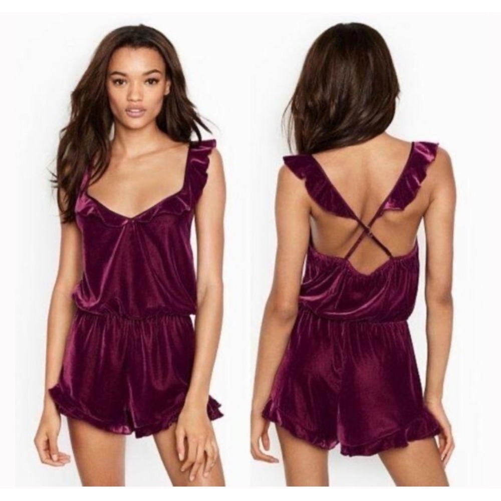 Victoria's Secret Velvet Velour Ruffle Cami Romper Sleepwear Burgundy Wine - M